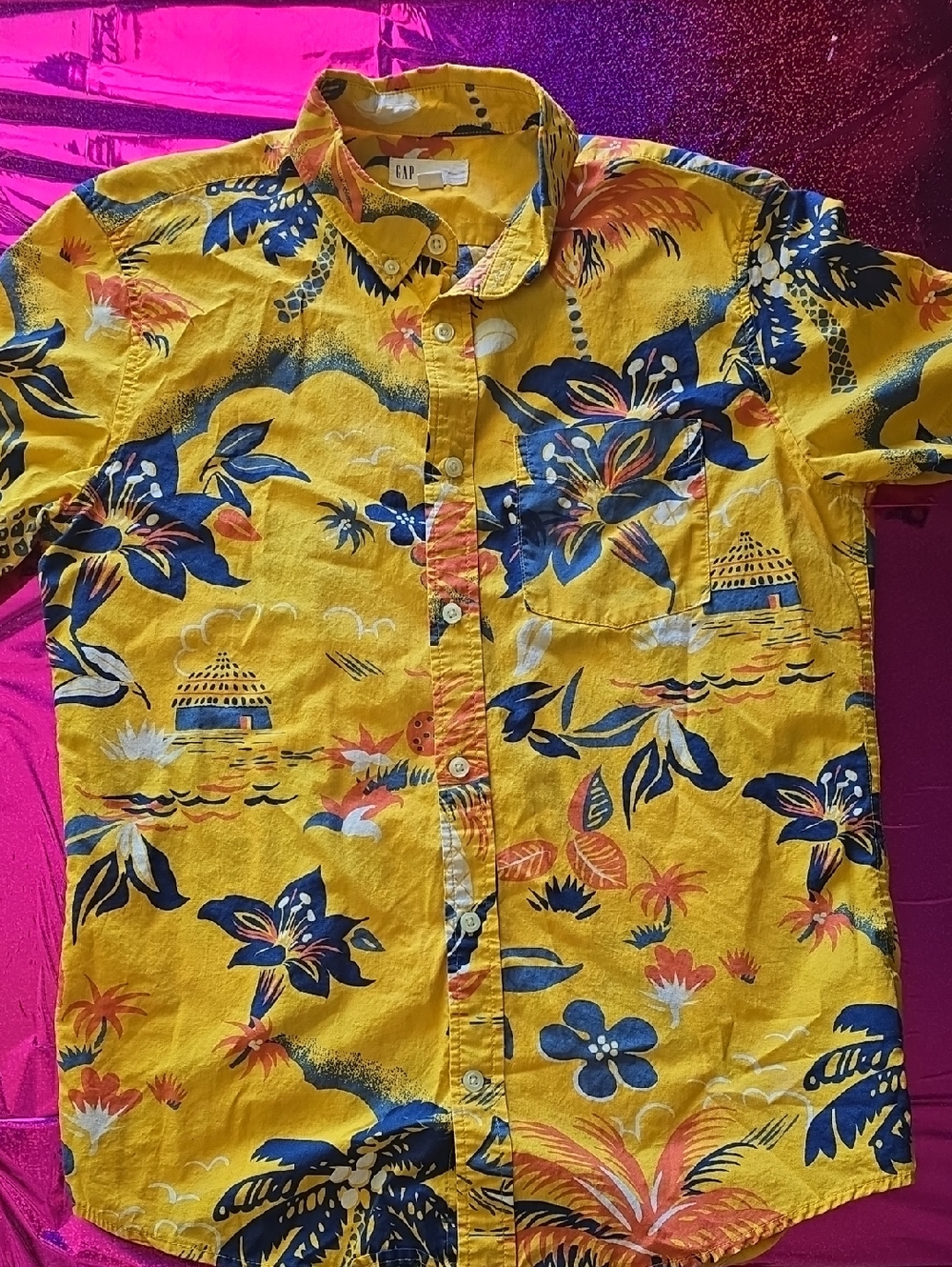 GAP Yellow Tropical Floral Button-Down Shirt